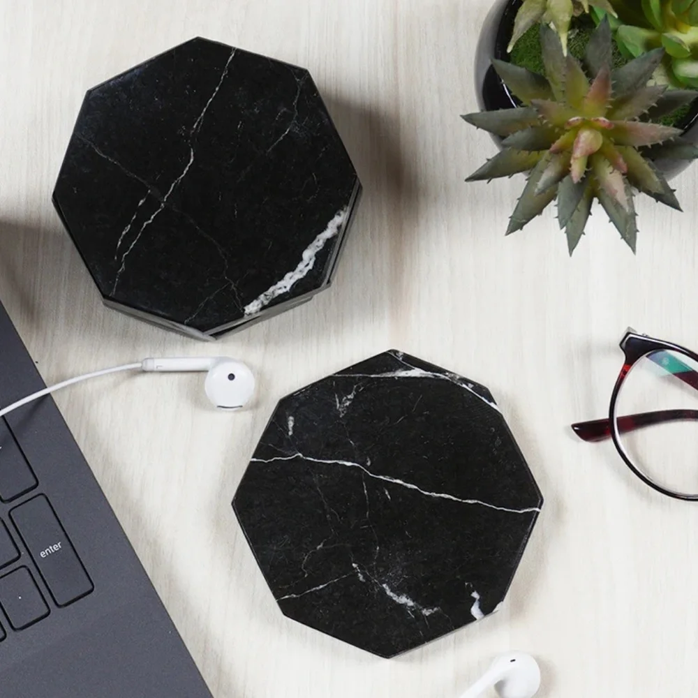 Radicaln $65 Natural Marble Coasters Set 6 Black White Padded Hexagon OS